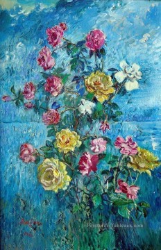 roses avec fond bleu 1960 russe Peinture à l'huile